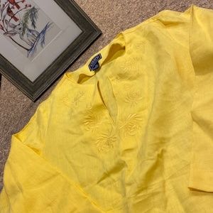 NWT Chaps Yellow Linen Tunic Top Blouse Medium Embroidered Pattern